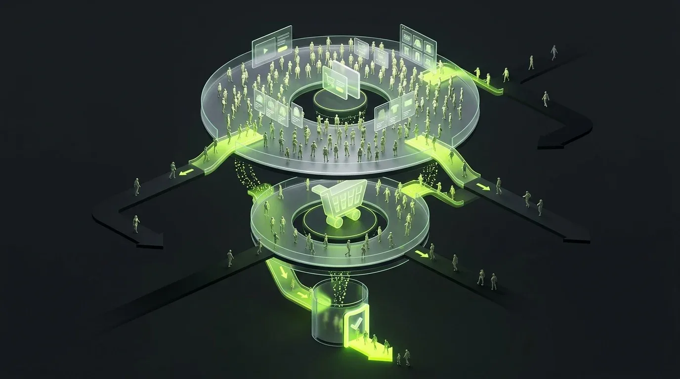 3D illustration of an ecommerce conversion funnel with shoppers moving from browsing to cart to checkout and some dropping off at each stage