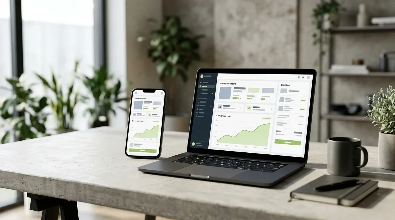 Laptop and smartphone on a modern desk showing an online store checkout and a rising conversion rate graph