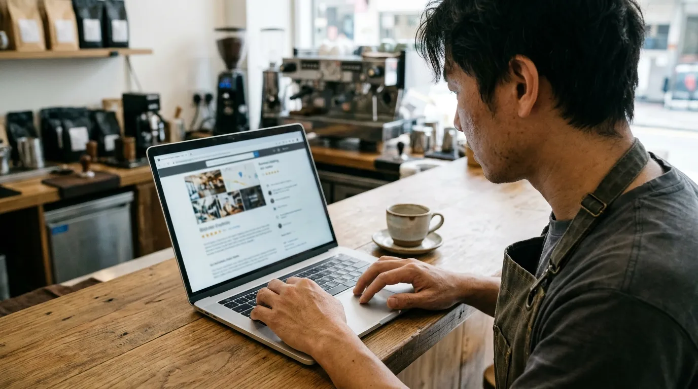 Hong Kong cafe owner updating a Google Business Profile on a laptop at the shop counter