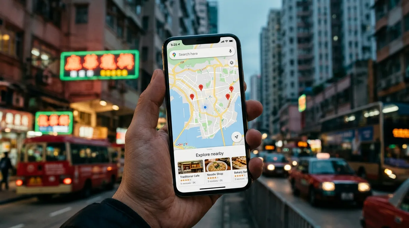 Smartphone showing a Google Maps local search with three business pins in a Hong Kong street at dusk