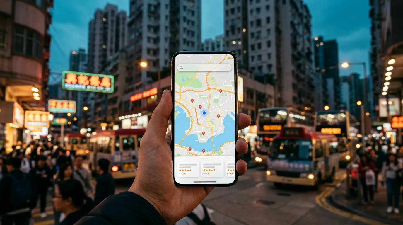 Smartphone showing a Google Maps local search with three business pins in a Hong Kong street at dusk