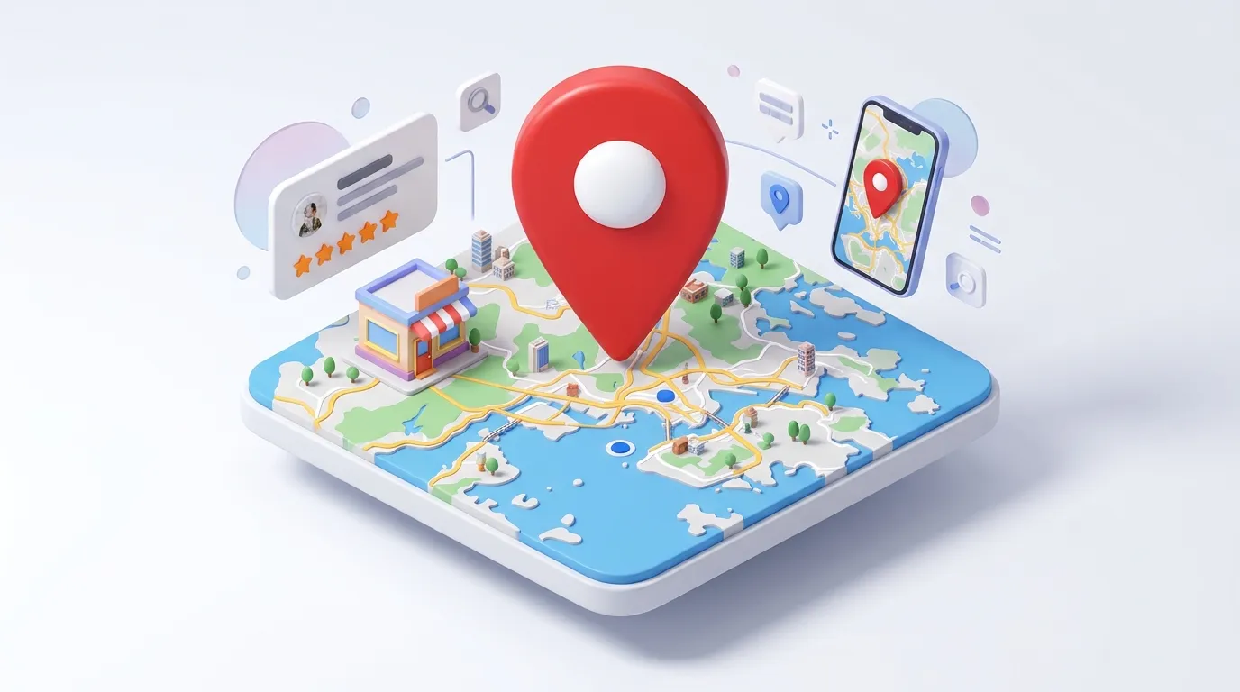 3D illustration of a map pin above a Hong Kong district map surrounded by review stars, a storefront and a website page