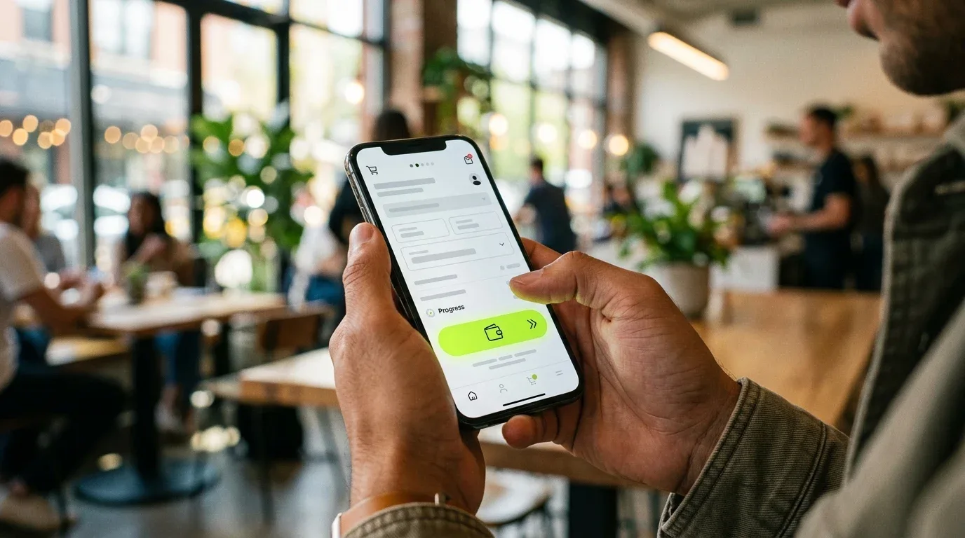Shopper completing a fast one-page mobile checkout on a smartphone using a digital wallet payment button
