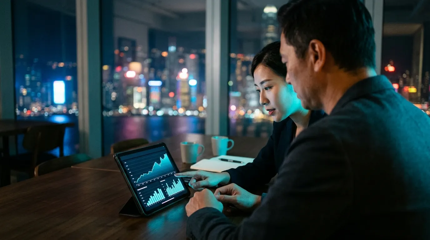 Hong Kong business owner reviewing performance marketing results with a consultant
