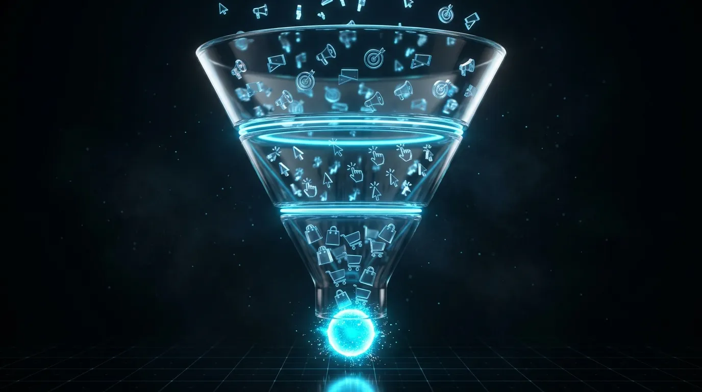 3D glass marketing funnel showing ads and clicks converting into customers