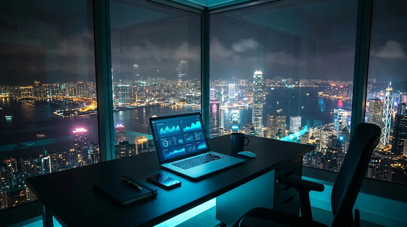 Performance marketing dashboard overlooking the Hong Kong skyline